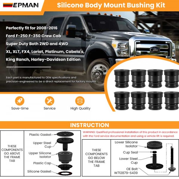 Red Silicone Body Mount Bushing Kit For 2008-2016 Ford F-250/F-350 Super Duty Crew Cab